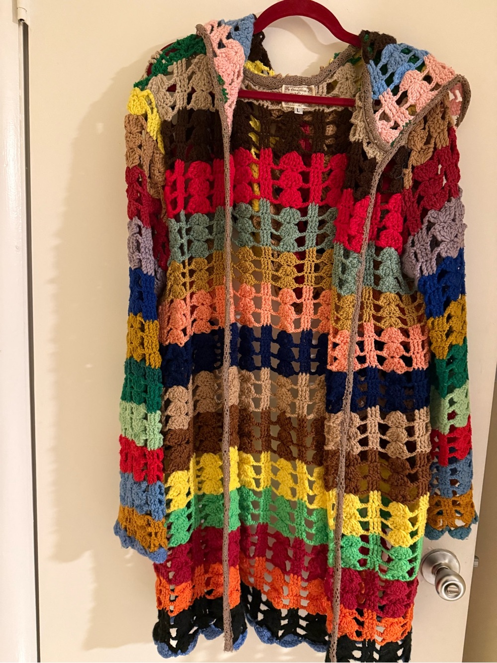 American Vintage Multicolor Crochet Hooded Sweater Cardigan, L